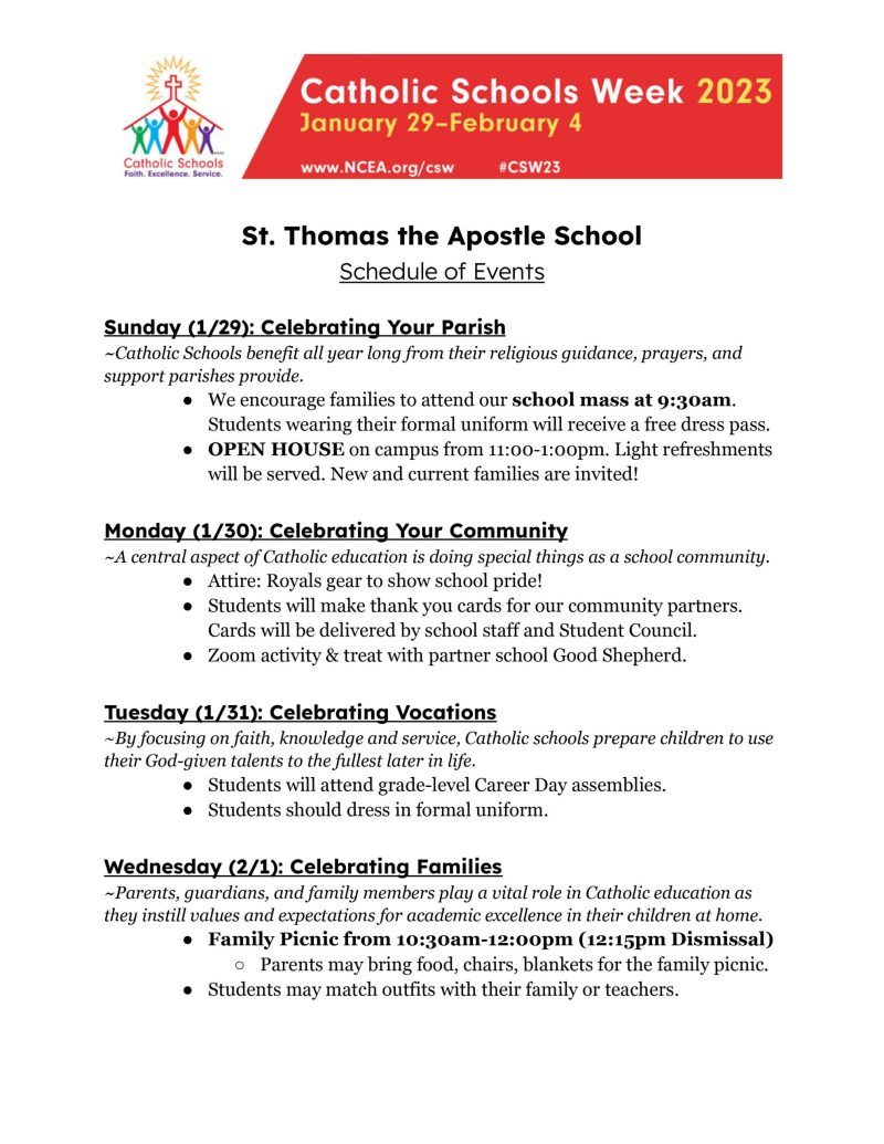 Catholic Schools Week Schedule of Events St. Thomas the Apostle School